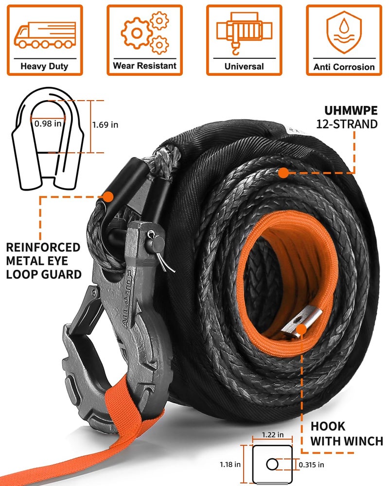 ALL-TOP Synthetic Winch Rope w/Hook & Isolator, 9/16in x 76ft, 35000Lbs UHMWPE Cable Replace Kit, Forged Hook & Rubber Stopper & Safety Pull Strap - Image 3